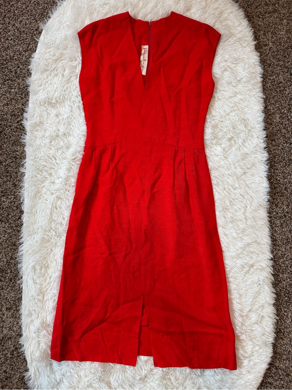 Vintage Pauline Trigere scarlet red v neck sheath dress sleeveless midi 8-10
